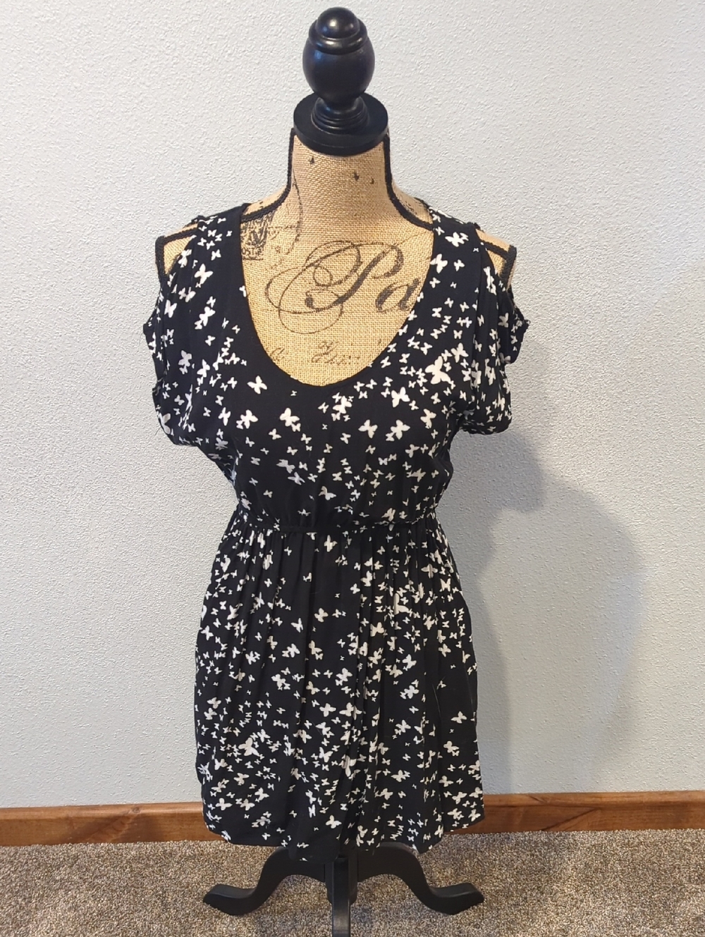 Black & White Butterfly Cold-Shoulder Dress